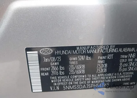 2023 Hyundai Santa Fe Sel z USA, uszkodzony, nr VIN 5NMS3DAJ5PH541165